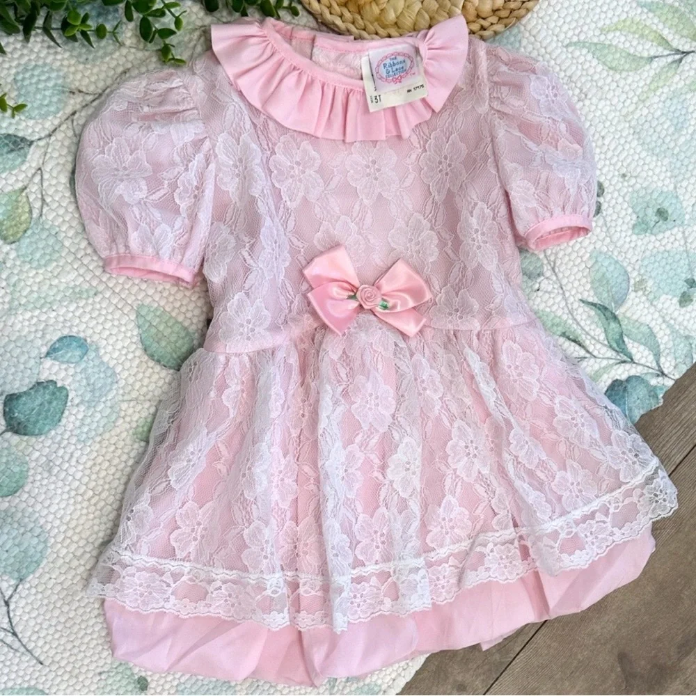 Vintage Toddler Girl Dress Pink White Floral Lace by Ribbons & Lace Collection